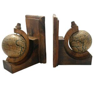 Vintage Globe Bookends Rotating Wooden Old World Map Wood Rustic Library Decor